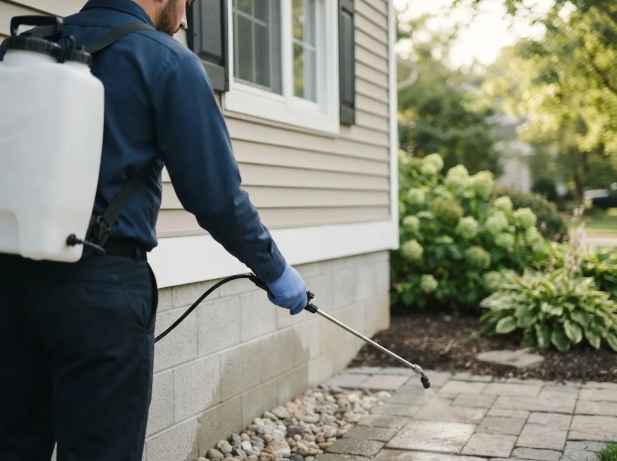 Pest control technician inspecting a home in Spruce, MI